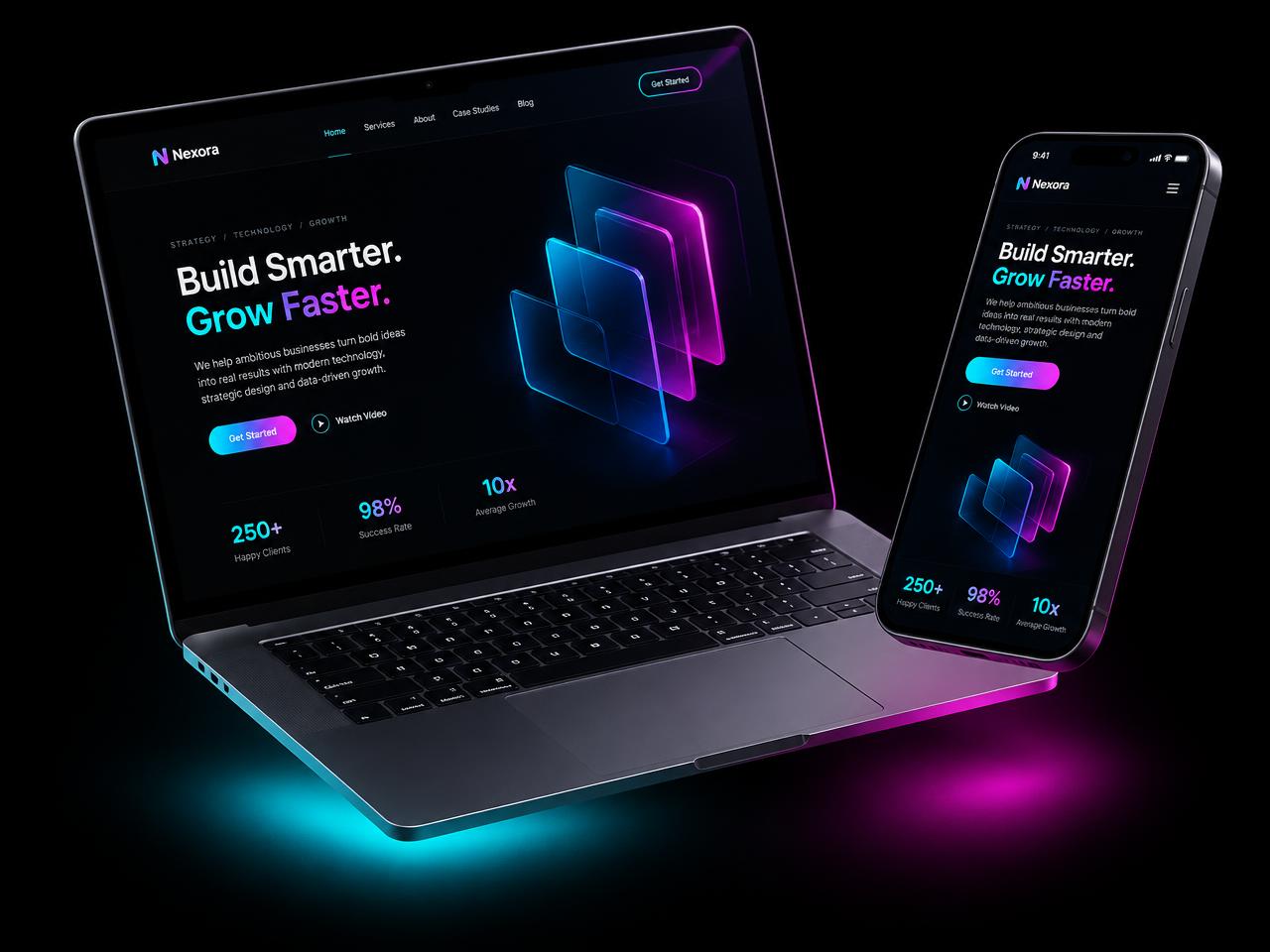 Laptop and phone displaying a modern dark website with neon accents